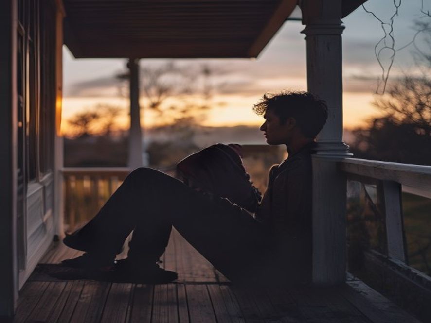 A person sitting on a porch at dusk, looking contemplative, capturing the feeling of waiting and reflection.