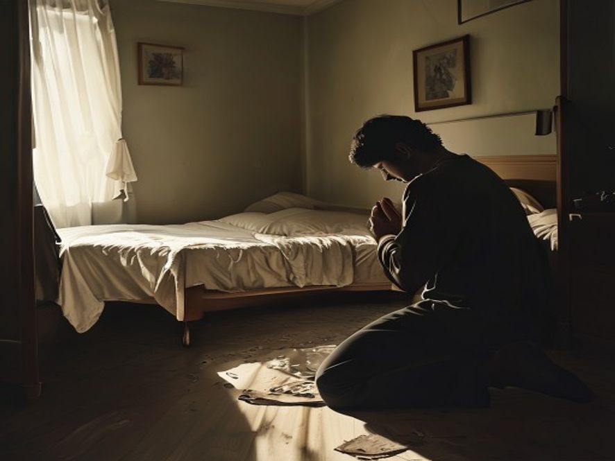 A person kneeling by a bed in a quiet room, hands clasped, showing a posture of humble surrender rather than demand.