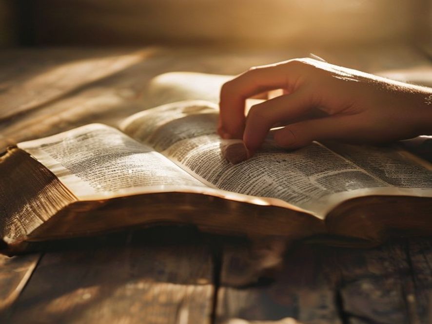 A close-up of a worn, open Bible on a wooden table, with a hand resting near a verse, soft natural light streaming in.