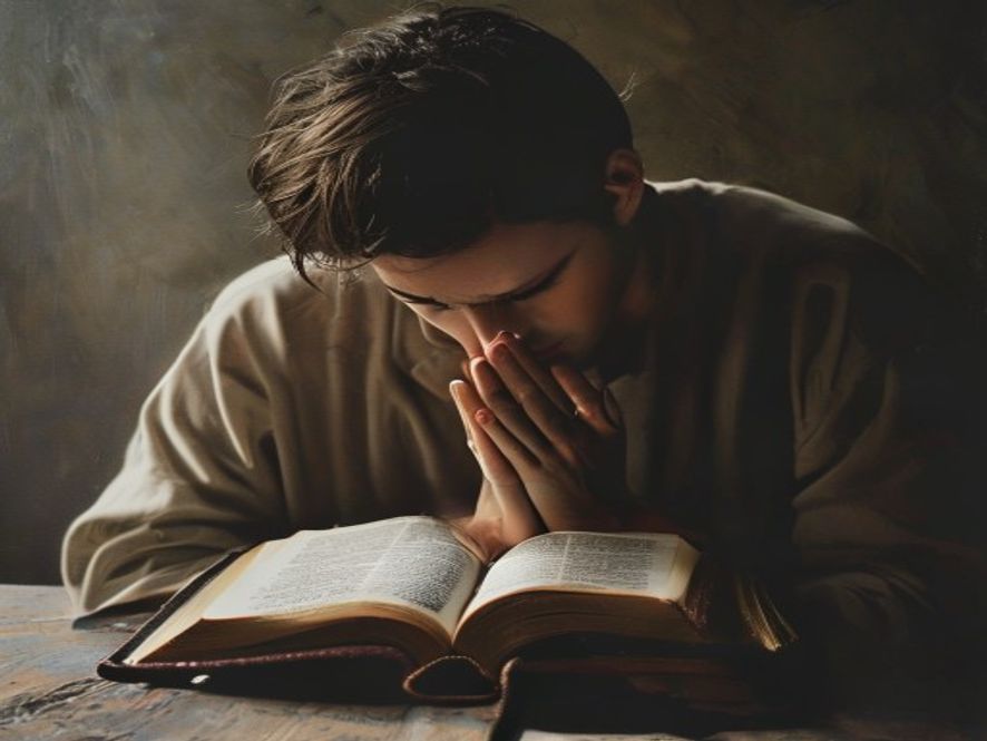 A person with their head bowed in prayer, hands resting on an open Bible, looking peaceful and focused rather than distr