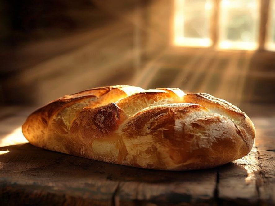 A close-up, warm-toned photo of a loaf of unleavened bread on a rustic wooden table, with soft light filtering through a