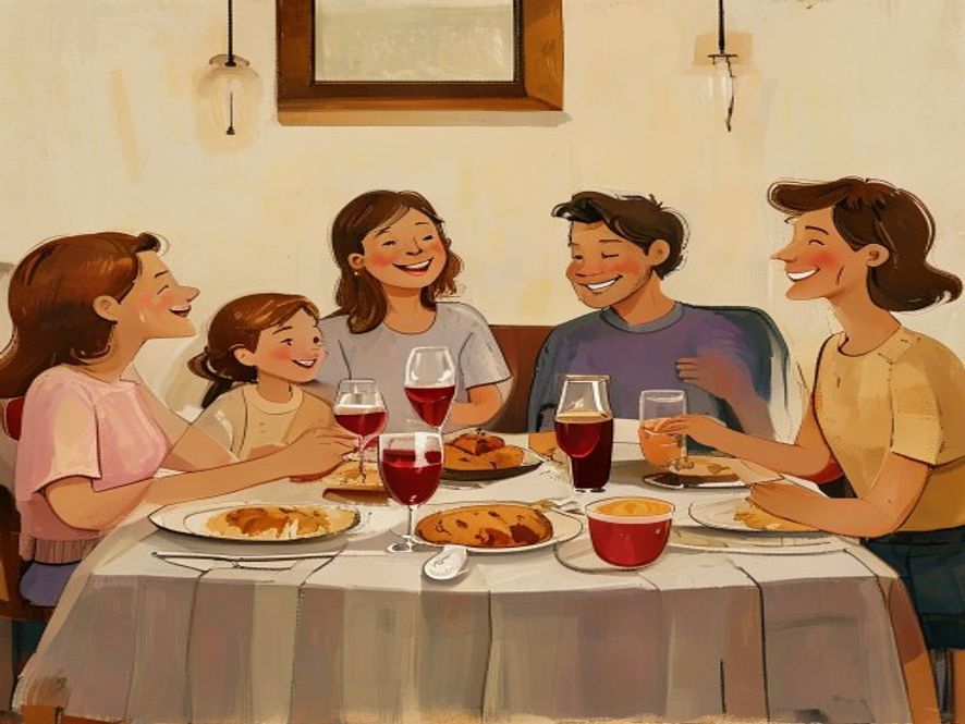 A simple, joyous family dinner table with bread and grape juice, emphasizing connection and gratitude rather than formal