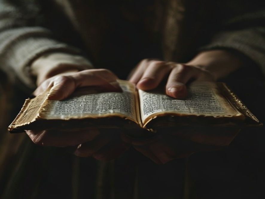 A close-up, dimly lit photo of a person’s hands gripping the edges of a Bible, showing a moment of quiet, raw desperatio