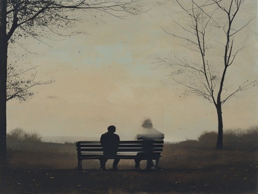 A person sitting alone on a park bench looking toward a horizon, capturing a sense of solitary reflection and quiet reli