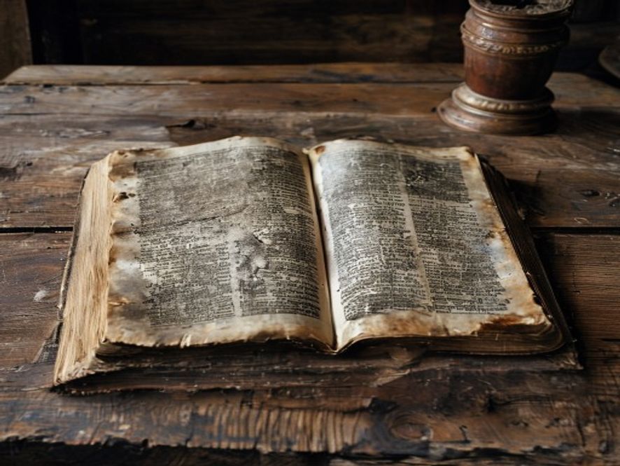 A weathered, worn Bible lying open on a wooden desk, emphasizing the contrast between human fragility and the weight of 