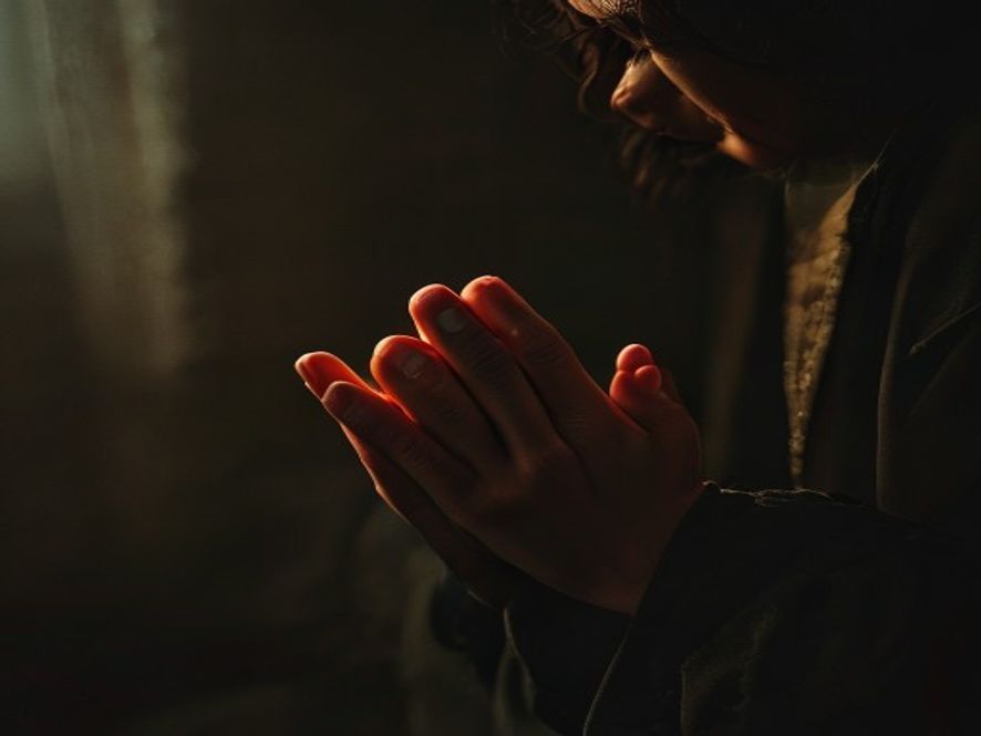 A close-up of a person’s hands folded in prayer, capturing a moment of quiet, honest confession in a dimly lit room.