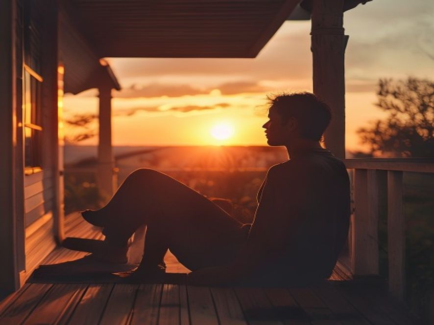 A person sitting alone on a porch at sunset, looking reflective and calm, suggesting a moment of spiritual surrender.