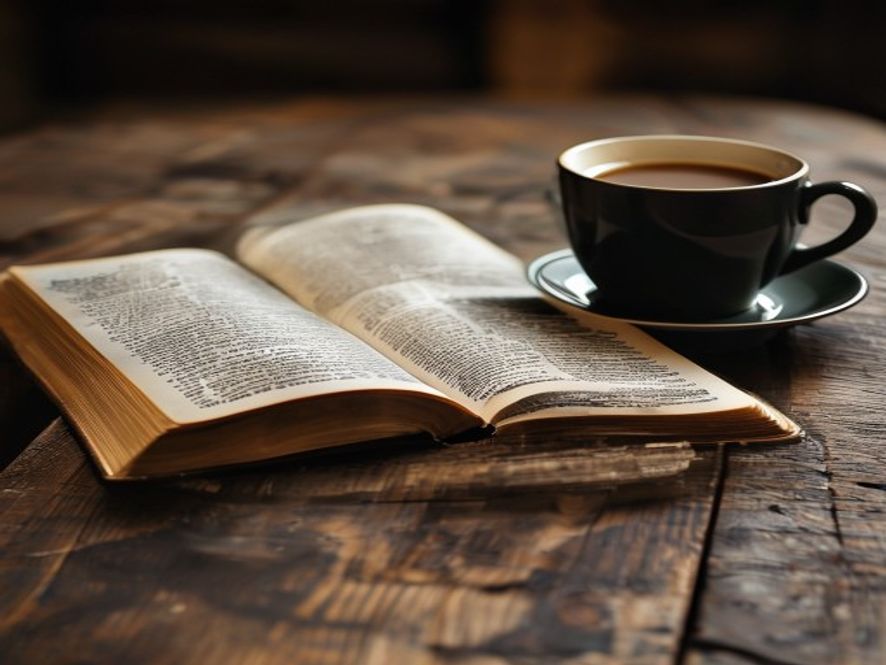 A close-up shot of an open Bible resting on a wooden table, next to a half-empty cup of coffee, symbolizing a moment of 