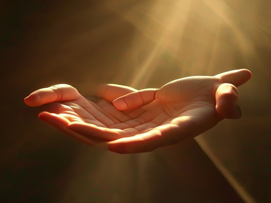 A pair of hands held open in a gesture of surrender, with soft, natural light illuminating them.