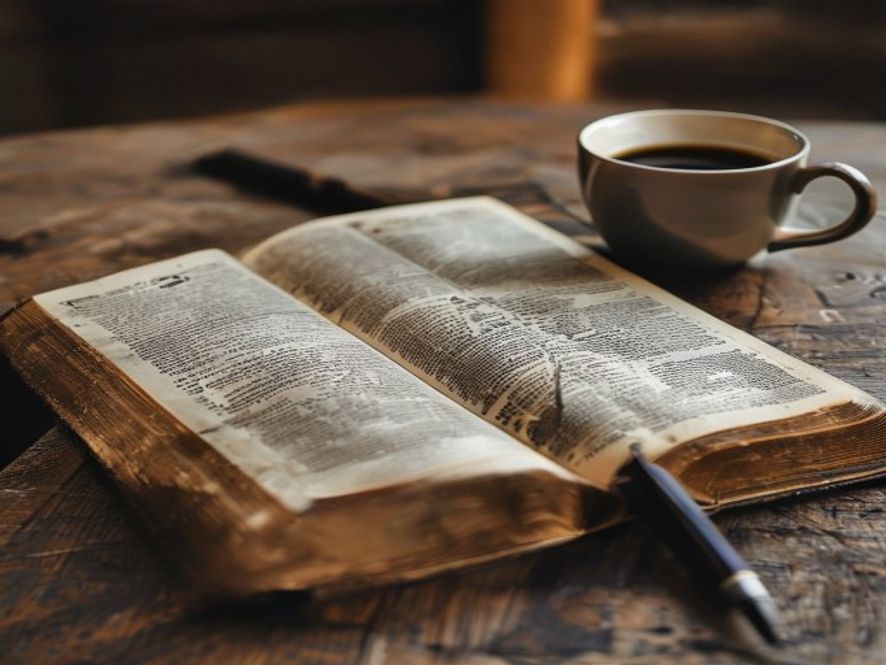 A close-up of an open, worn Bible on a wooden desk next to a pen and a cup of coffee, symbolizing a quiet moment of refl