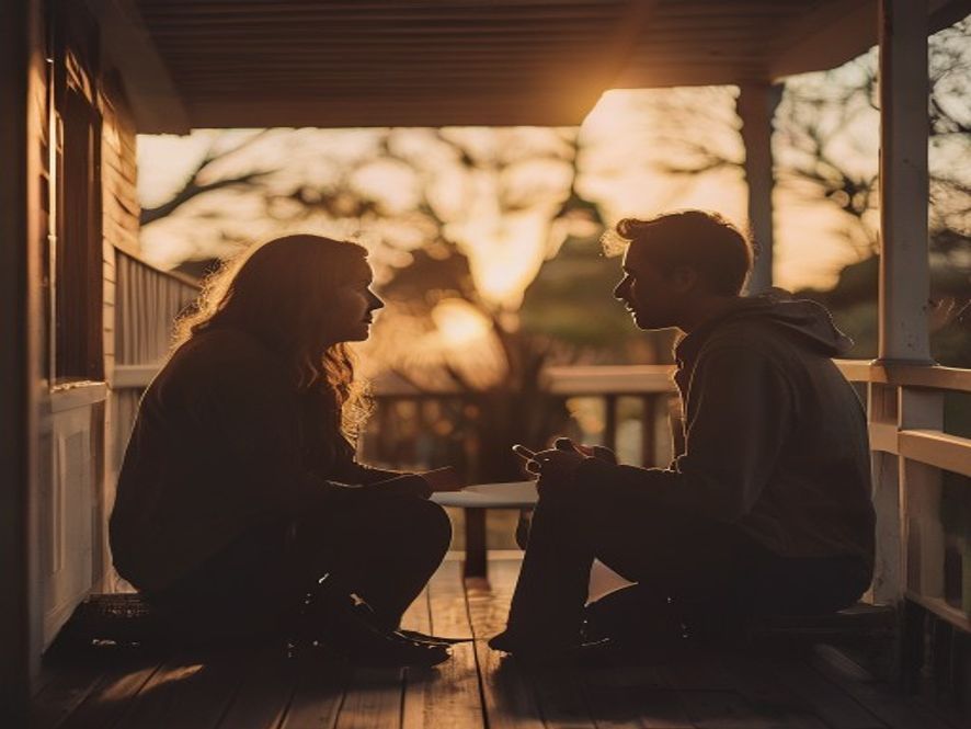 Two people sitting on a porch, talking earnestly, with soft evening light in the background, suggesting a moment of hone