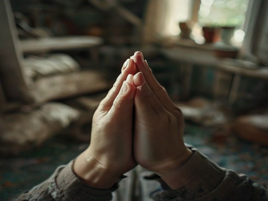 A close-up of a person’s hands folded in prayer, knuckles white, with a soft-focus background of a messy, lived-in home.
