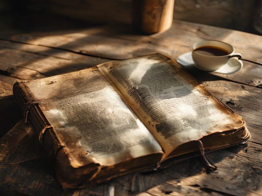 A worn leather Bible resting on a simple wooden table with a cup of coffee beside it, morning light hitting the pages.