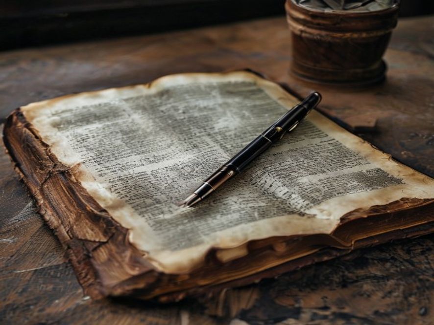 A worn, leather-bound Bible lying open on a desk, with a simple pen resting on the page, suggesting daily study.
