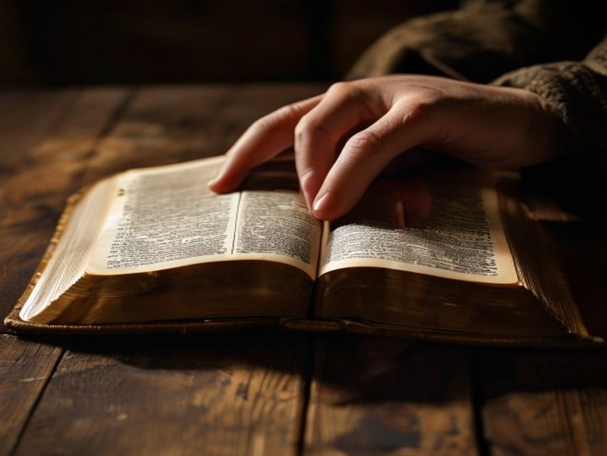 A close-up, dimly lit photo of a Bible resting on a wooden table, with one hand resting firmly on the open pages.