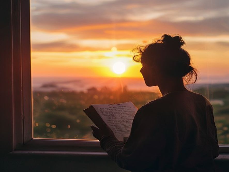 A person looking out a window at a sunrise, holding a journal, emphasizing the choice to focus on God rather than digita
