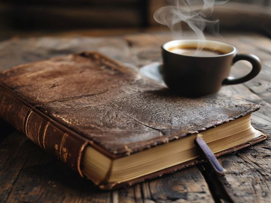 A close-up of a well-worn, leather-bound Bible resting on a simple wooden table next to a steaming mug of coffee, sugges