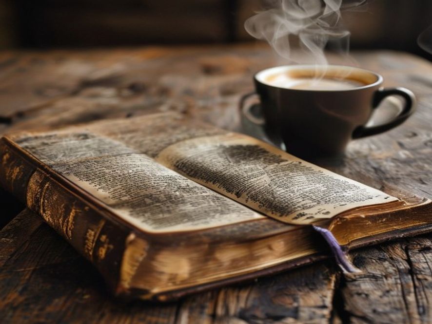 A close-up of a worn Bible resting on a wooden table next to a steaming cup of coffee, symbolizing personal study and pr