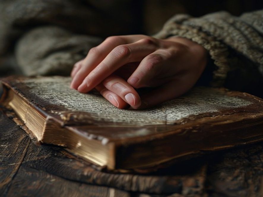 A close-up of hands folded in prayer, resting on a worn leather Bible, showing a scene of quiet, solitary struggle.