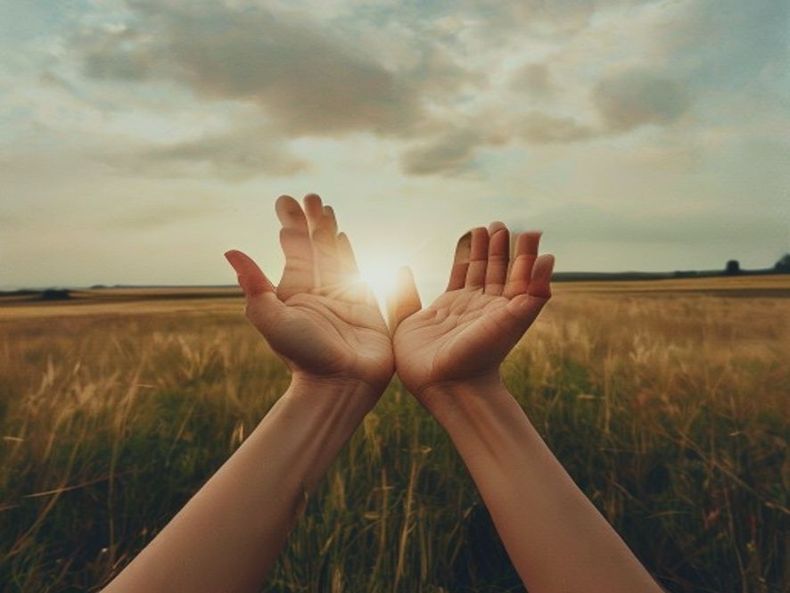 A pair of open hands held upward in an empty field, representing total surrender and trust in God's sovereignty.