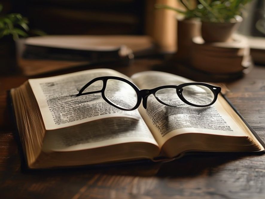 An open Bible resting on a desk with a pair of reading glasses, emphasizing a sense of study and focus.