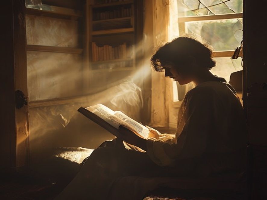 A person sitting in a quiet, sunlit room, thoughtfully looking at a physical Bible, appearing to be in a state of reflec