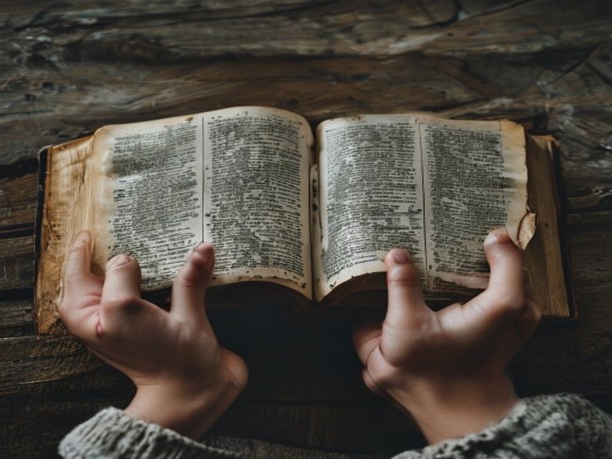 A pair of hands resting on an open, weathered Bible, symbolizing the release of a heavy burden.