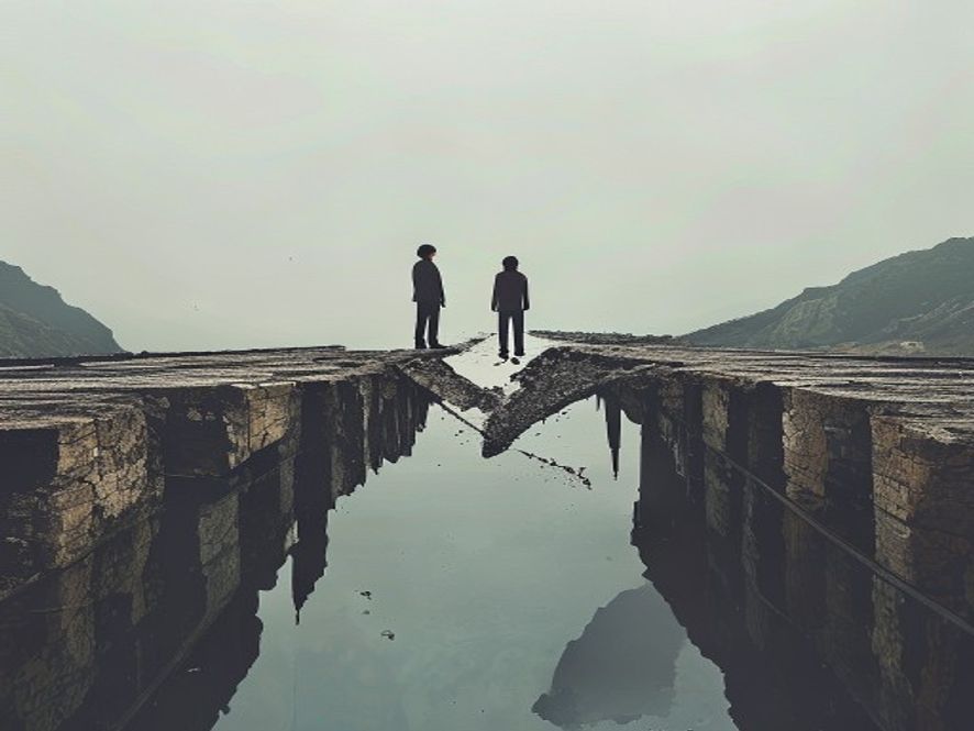 Two people standing on opposite sides of a broken bridge, representing that while forgiveness is possible, the relations