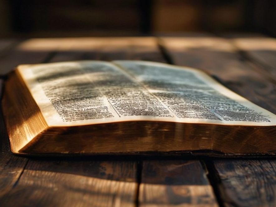 A close-up of an open Bible resting on a wooden table, with light catching the texture of the page, suggesting study and