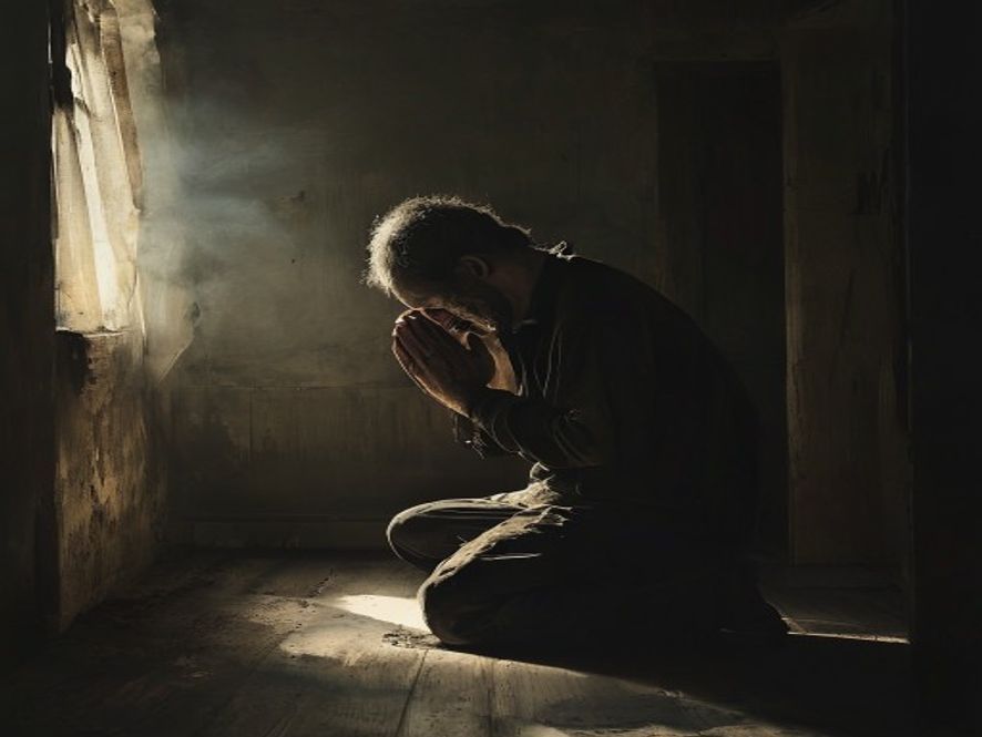 A weathered, honest image of a person kneeling in prayer in a quiet, dimly lit room, showing a moment of deep, personal 
