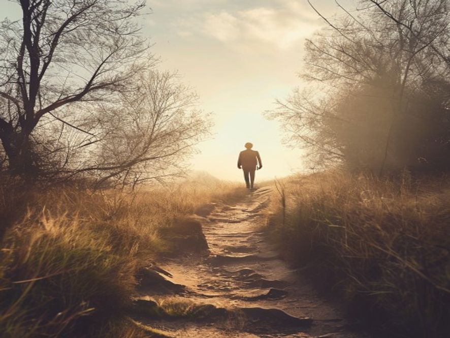 A person walking outdoors on a simple, scenic trail, representing moving forward in faith after a season of waiting.