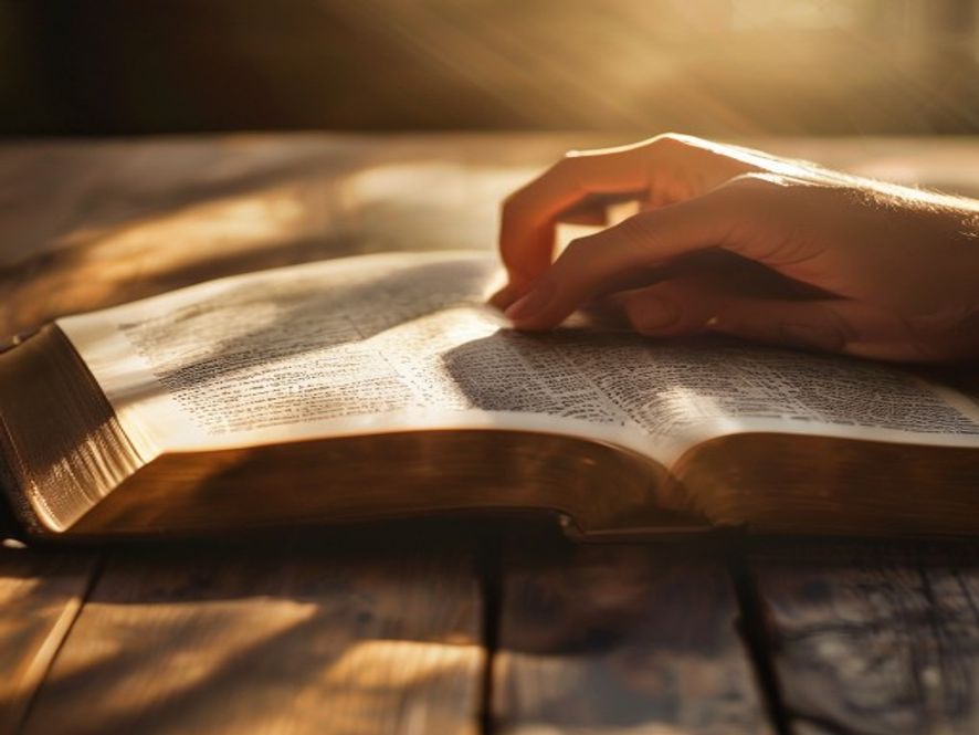 A close-up shot of an open Bible resting on a wooden table, with a hand resting near a verse, soft natural light streami