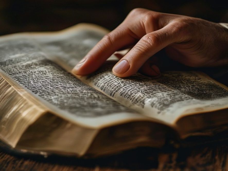 A close-up of an open Bible with a hand resting on the pages, highlighting verses about God's faithfulness.