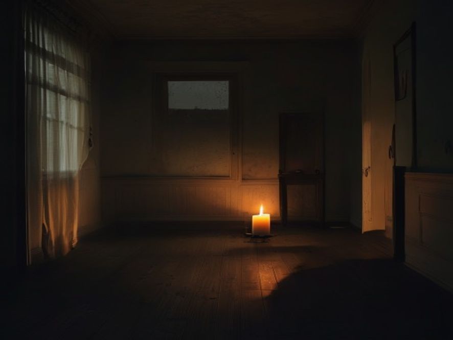 A dimly lit room with a single candle, showing a sense of quiet, contemplative solitude.