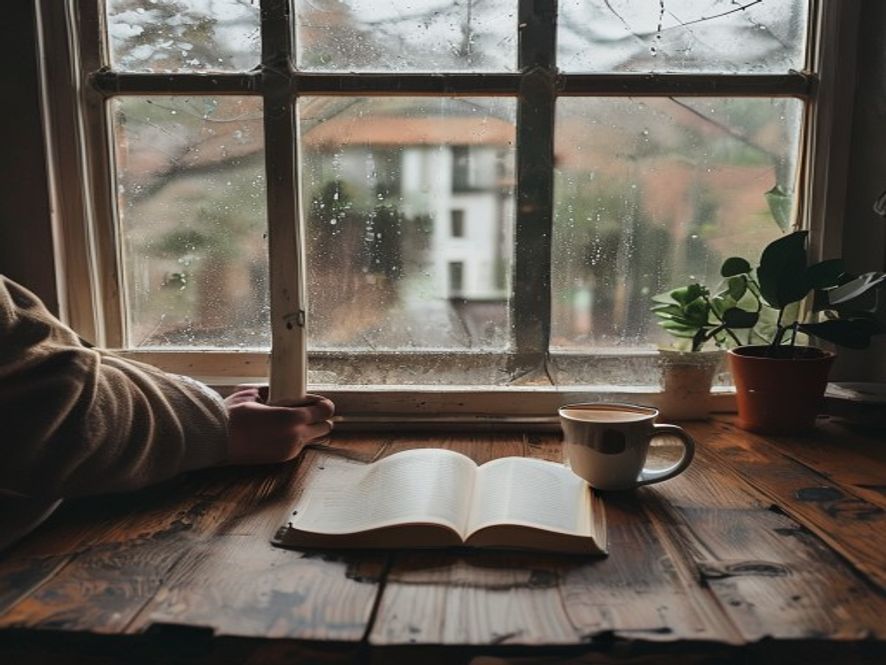 A person sitting at a wooden kitchen table with a closed journal and a coffee mug, looking out a window at a rainy morni