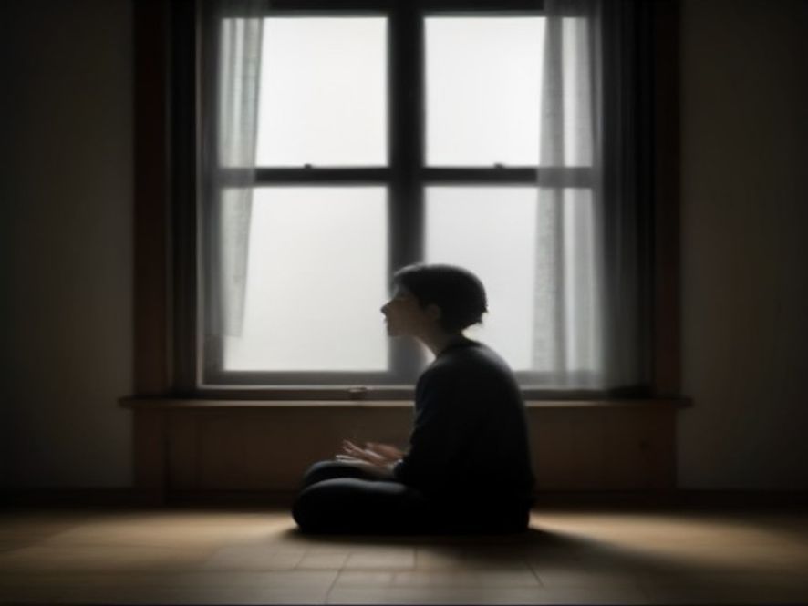 A person sitting in a quiet, dimly lit room, looking away from a phone and toward a window, representing a shift from di