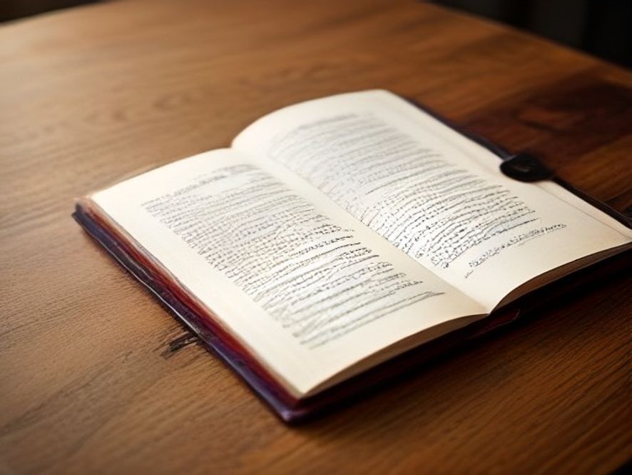 A close-up of a worn, open Bible on a wooden table, emphasizing the texture of the pages and the clarity of the ink.