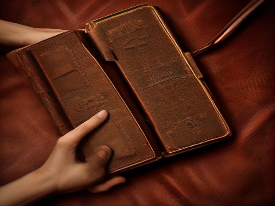A pair of hands holding an old, leather-bound Bible, showing texture and signs of use.