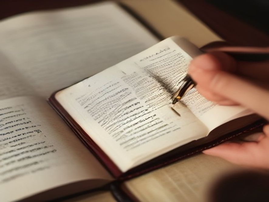 A close-up of a worn, open Bible with a hand resting on the page, suggesting careful study and reflection.