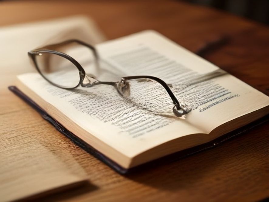 A close-up of an open, worn Bible on a wooden table with a pair of reading glasses, focusing on the text of Romans 11.