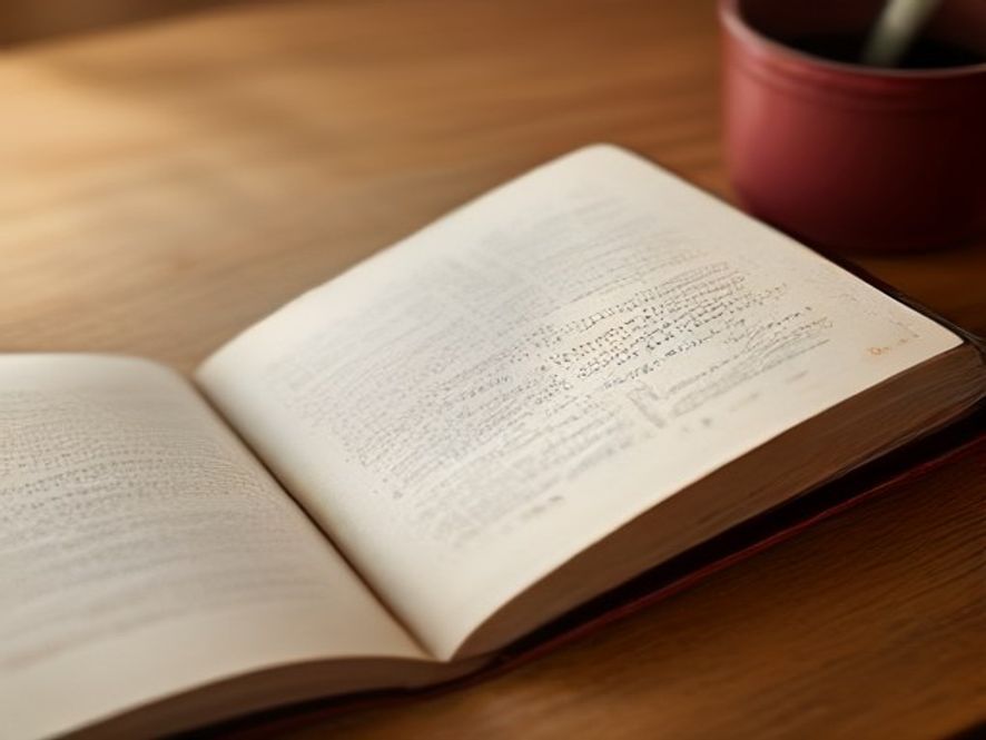 A close-up of an open, worn Bible on a wooden table, with soft, natural light highlighting the text.