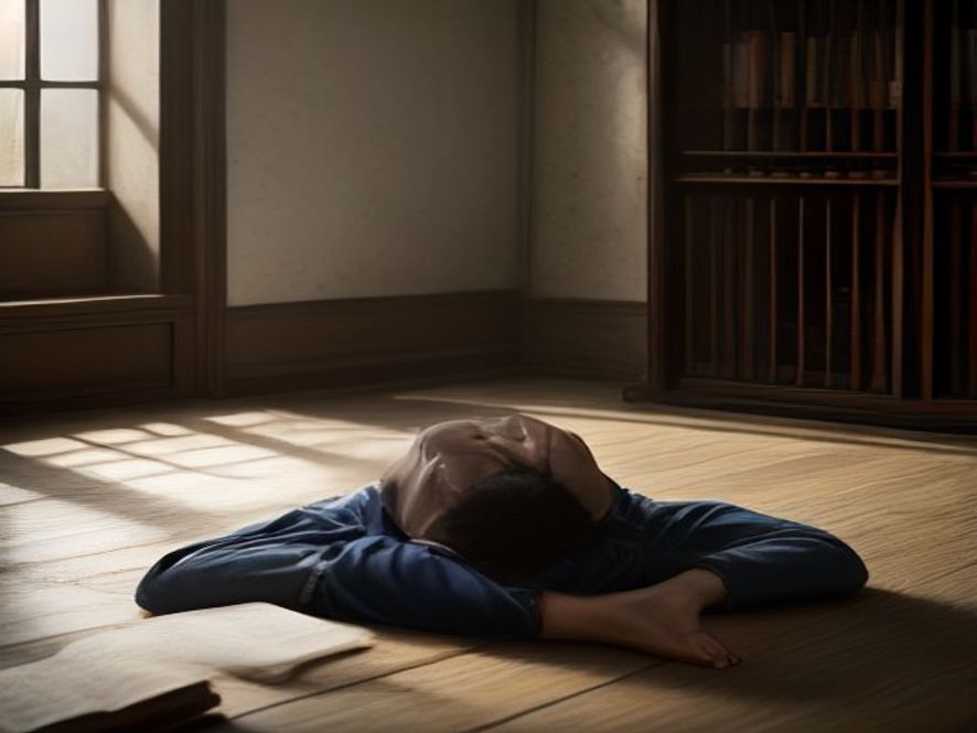 A pair of hands resting on a Bible, with the person kneeling on a floor, suggesting a moment of surrender and prayer.
