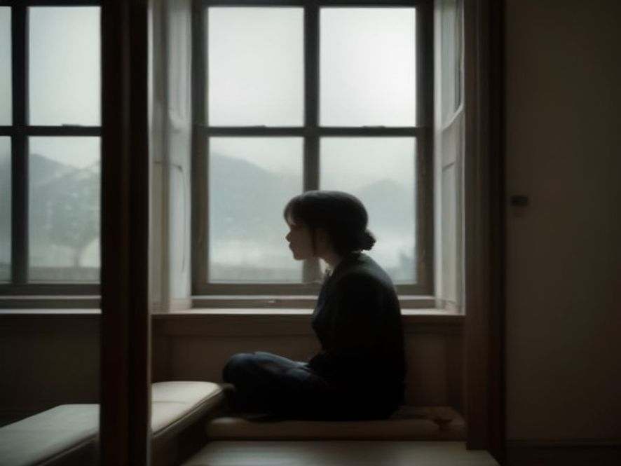 A person sitting in prayerful reflection, looking out a window with a thoughtful, serious expression.