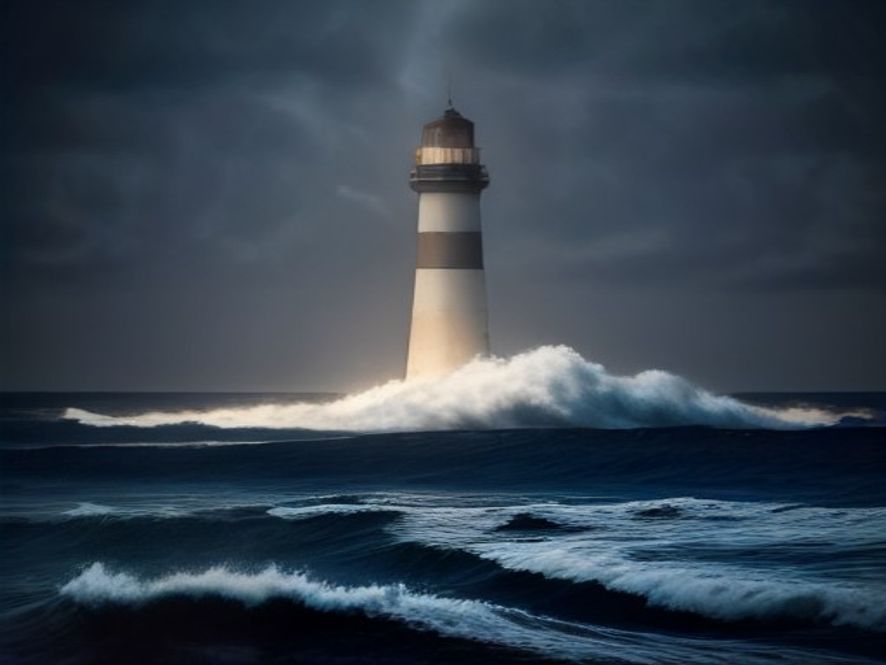 A storm-tossed sea at night with a single, calm lighthouse beam cutting through the darkness, representing the steadfast