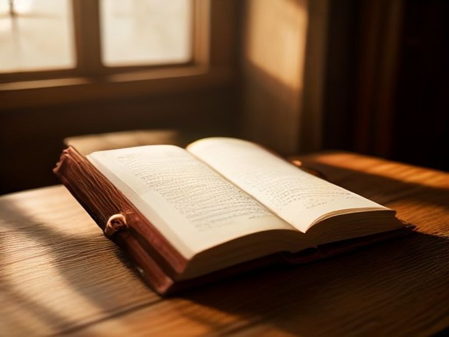 A close-up of an open, leather-bound Bible resting on a wooden table, with a hand pointing to a passage of Scripture in 