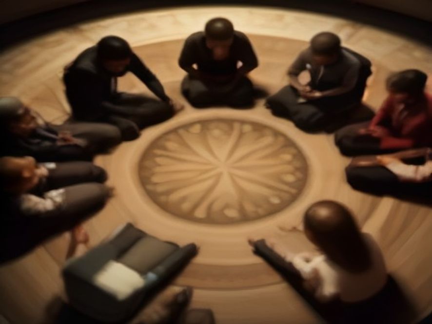 A diverse group of people sitting in a circle during a small group Bible study, showing an atmosphere of collaborative l
