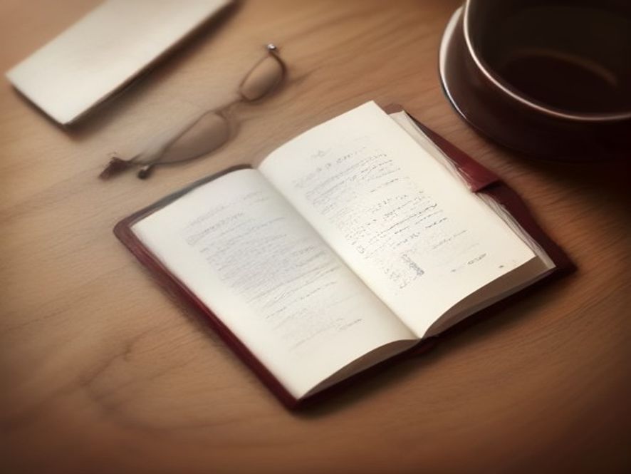 A journal lying open next to a steaming cup of coffee and a pair of reading glasses, suggesting a time of personal refle