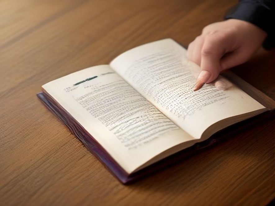 A close-up of a worn, open Bible on a wooden table, emphasizing the texture of the pages and a hand resting nearby.