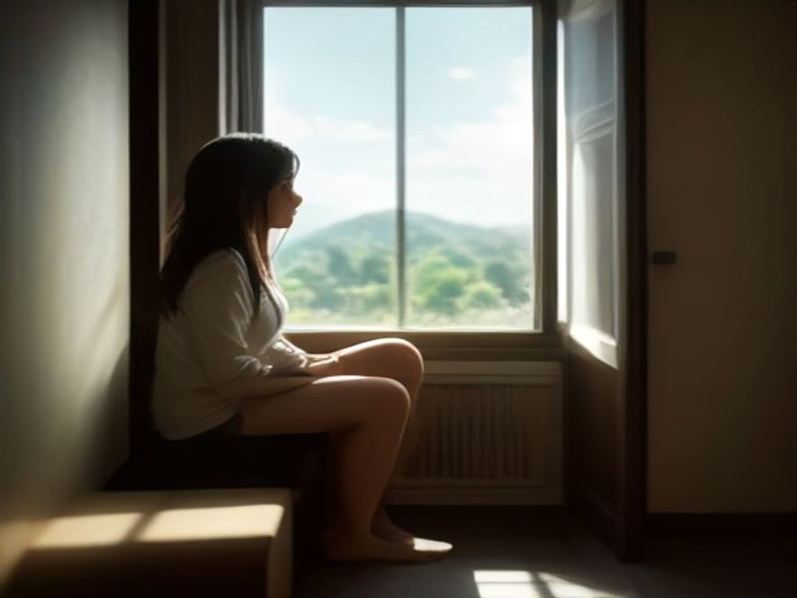A person sitting in a quiet, sunlit room, looking out a window with a thoughtful expression, representing a moment of re