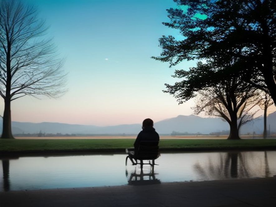 A wide shot of a person sitting alone on a park bench, looking out at a horizon, representing the quiet space needed for